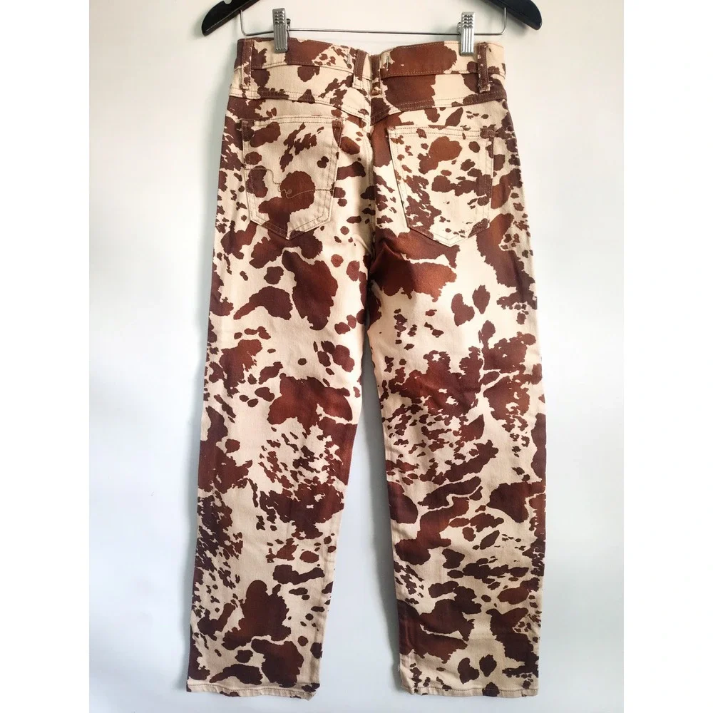 New Free People x Revolve Jeans 26 Risk Taker Cow Print Brown High Rise Straight